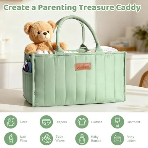 Zooawa Baby Diaper Caddy Organizer, Portable Nursery Storage Basket with Compartments, Handle & Shoulder Strap in Matcha Green thumbnail 5