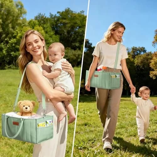 Zooawa Baby Diaper Caddy Organizer, Portable Nursery Storage Basket with Compartments, Handle & Shoulder Strap in Matcha Green thumbnail 2