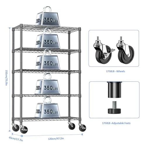 IZEUK 5-Tier Garage Shelving, 17.7"D x 47.2"W x 76.7"H | Heavy Duty Steel Wire Rack with Wheels thumbnail 2
