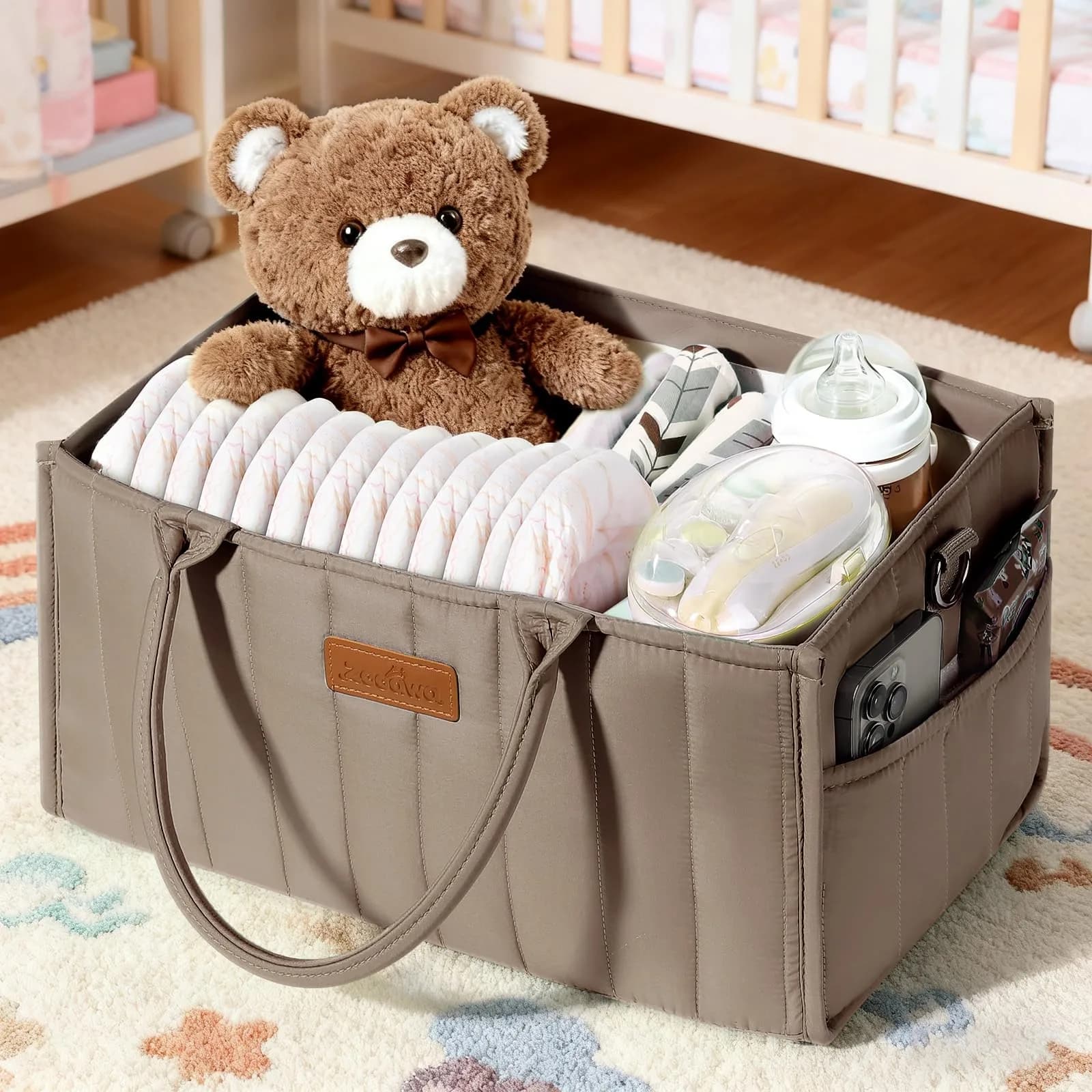 Zooawa Baby Diaper Caddy Organizer, Portable Nursery Storage Basket with Compartments, Handle & Shoulder Strap for Newborn Baby Essentials, Gift for Baby Shower, Mocha Brown