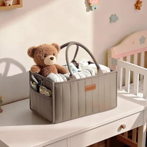 Zooawa Baby Diaper Caddy Organizer, Portable Nursery Storage Basket with Compartments, Handle & Shoulder Strap for Newborn Baby Essentials, Gift for Baby Shower, Mocha Brown thumbnail 4