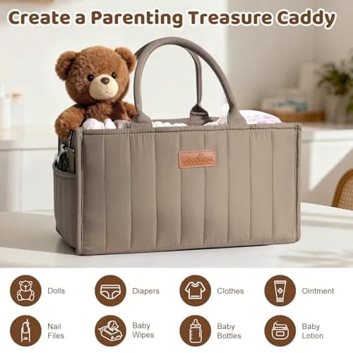 Zooawa Baby Diaper Caddy Organizer, Portable Nursery Storage Basket with Compartments, Handle & Shoulder Strap for Newborn Baby Essentials, Gift for Baby Shower, Mocha Brown thumbnail 5