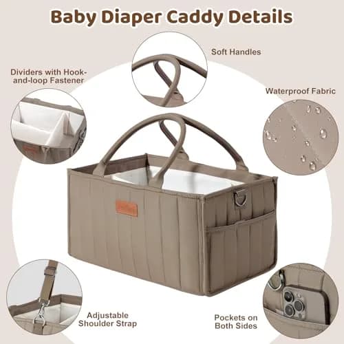 Zooawa Baby Diaper Caddy Organizer, Portable Nursery Storage Basket with Compartments, Handle & Shoulder Strap for Newborn Baby Essentials, Gift for Baby Shower, Mocha Brown thumbnail 3