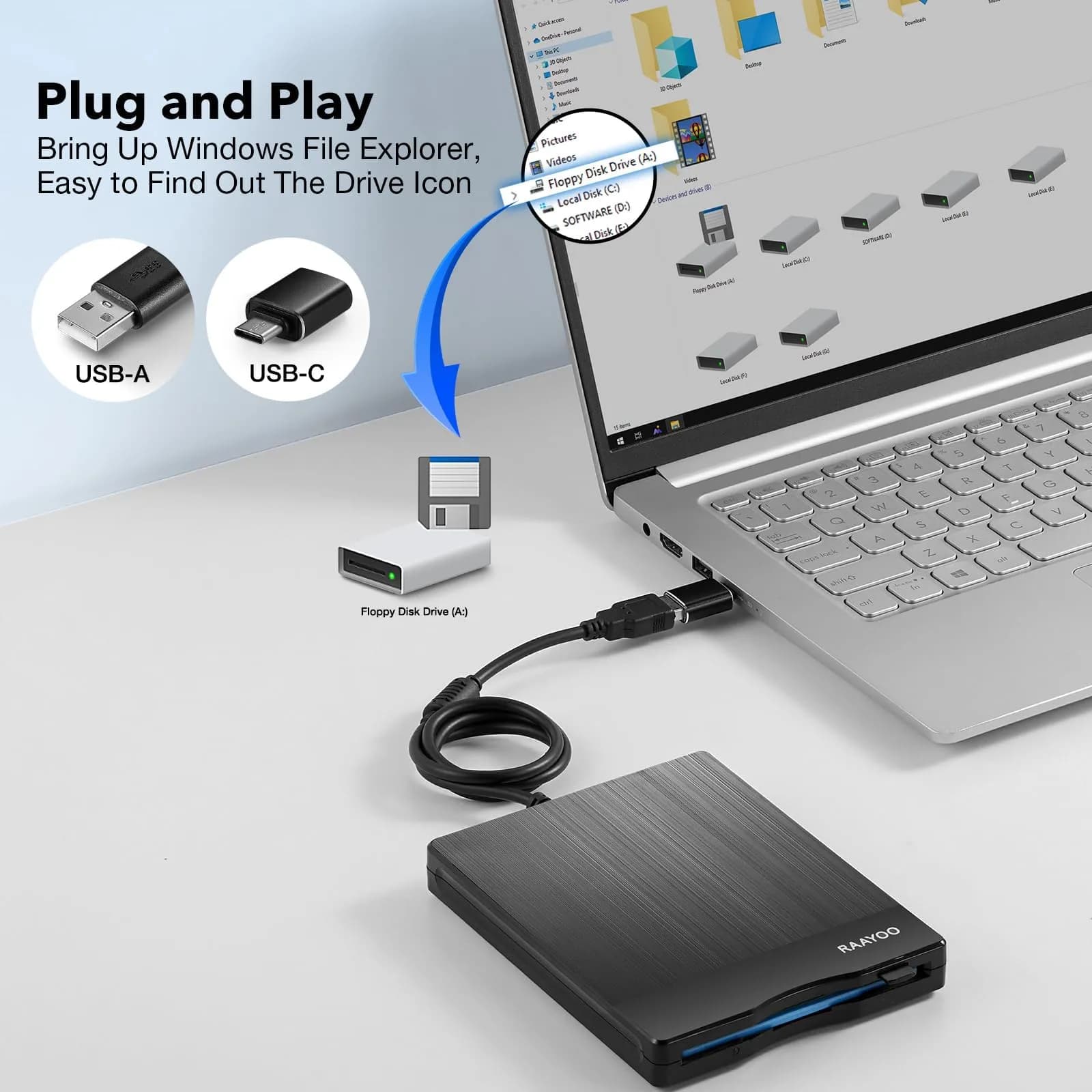 RAAYOO 3.5 inch USB Floppy Disk Reader with USB-A/C | Reads Old Floppy Disks on Windows 11/10/7/XP - view 3