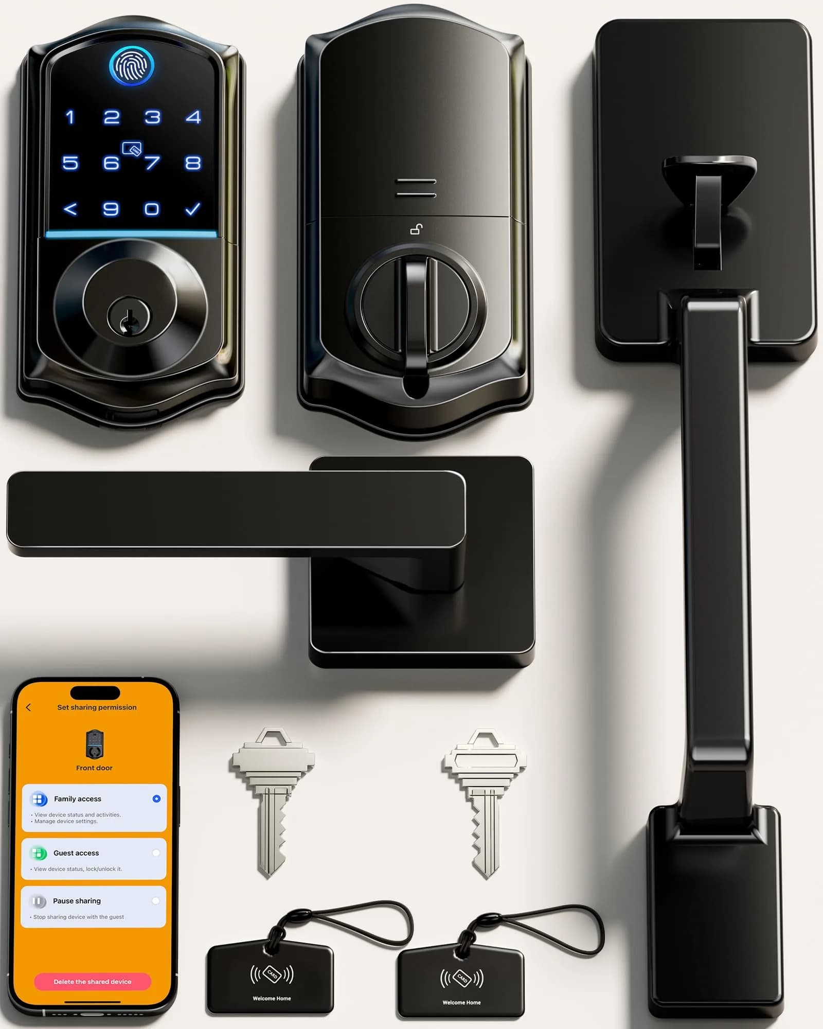 Veise VE017-D Fingerprint Smart Front Door Lock Set, Matte Black | App Control, 8-in-1 Keyless Entry, Auto Lock, Touchscreen Keypad — Matte Black