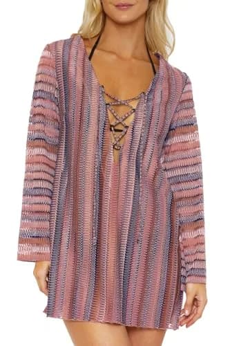 ISABELLA ROSE Syracuse - Women's Lace Up Tunic, Casual, Beach Cover Ups for Women, Multi Pink, Medium | Flowy Boho Beach Tunic with Lace-Up Neck thumbnail 1