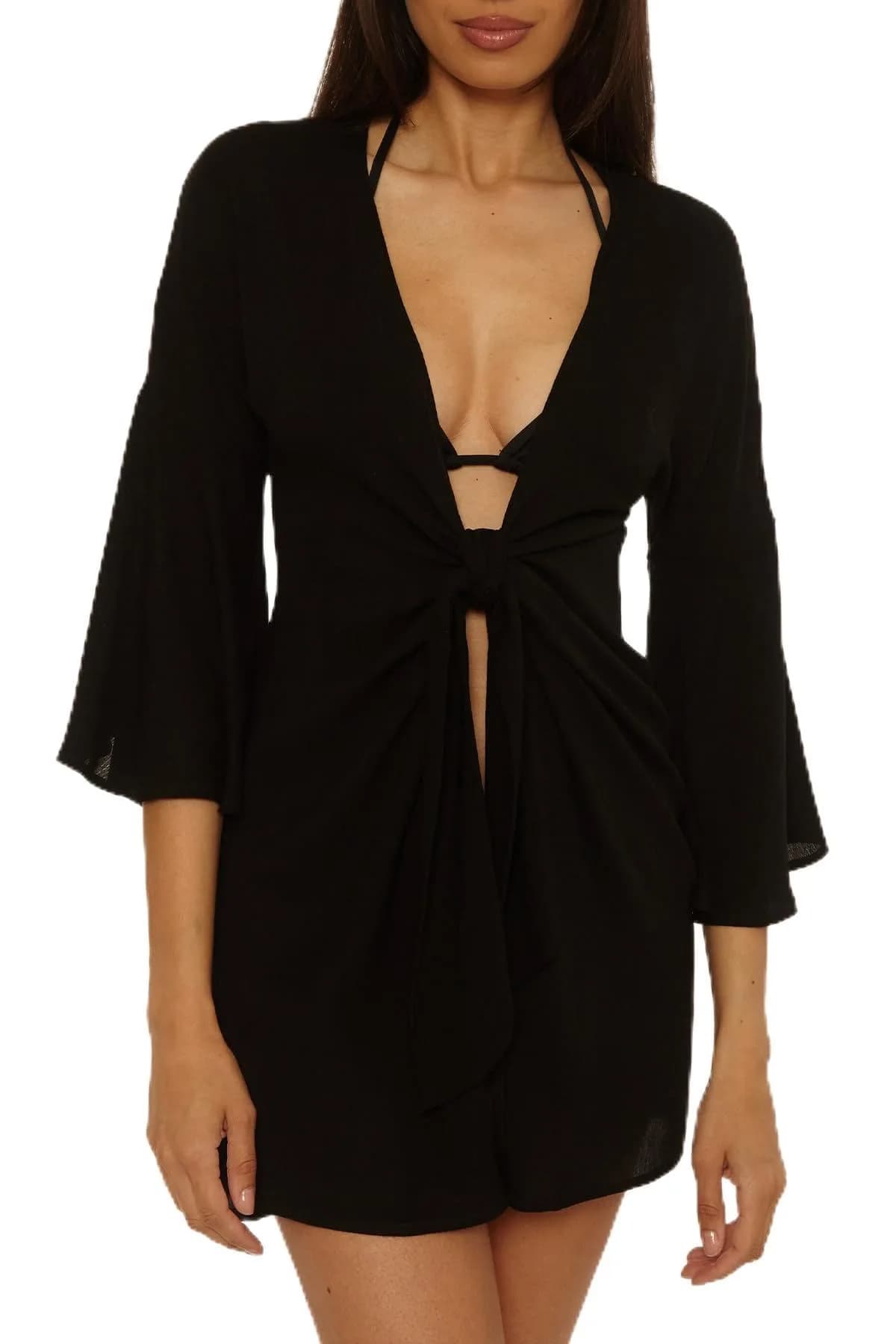 BCA by Rebecca Virtue Jetsetter Women's Woven Tunic, Tie Front | Casual Beach Cover Up, Black, XL