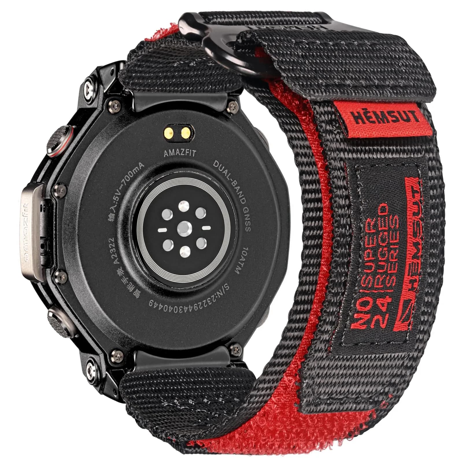 torbollo Sport Loop Watch Band for Amazfit T-Rex 3 Pro 48mm | Black/Orange Nylon Adjustable — Black/Red / T-Rex 3 Pro 48mm - M/L