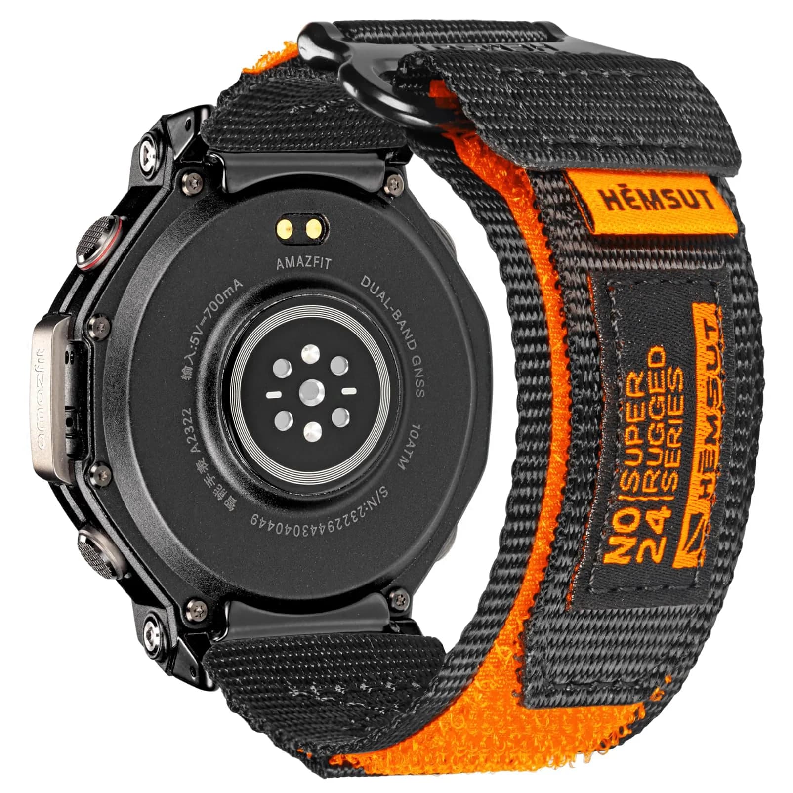 torbollo Sport Loop Watch Band for Amazfit T-Rex 3 Pro 48mm | Black/Orange Nylon, Adjustable Hook-and-Loop - main product image