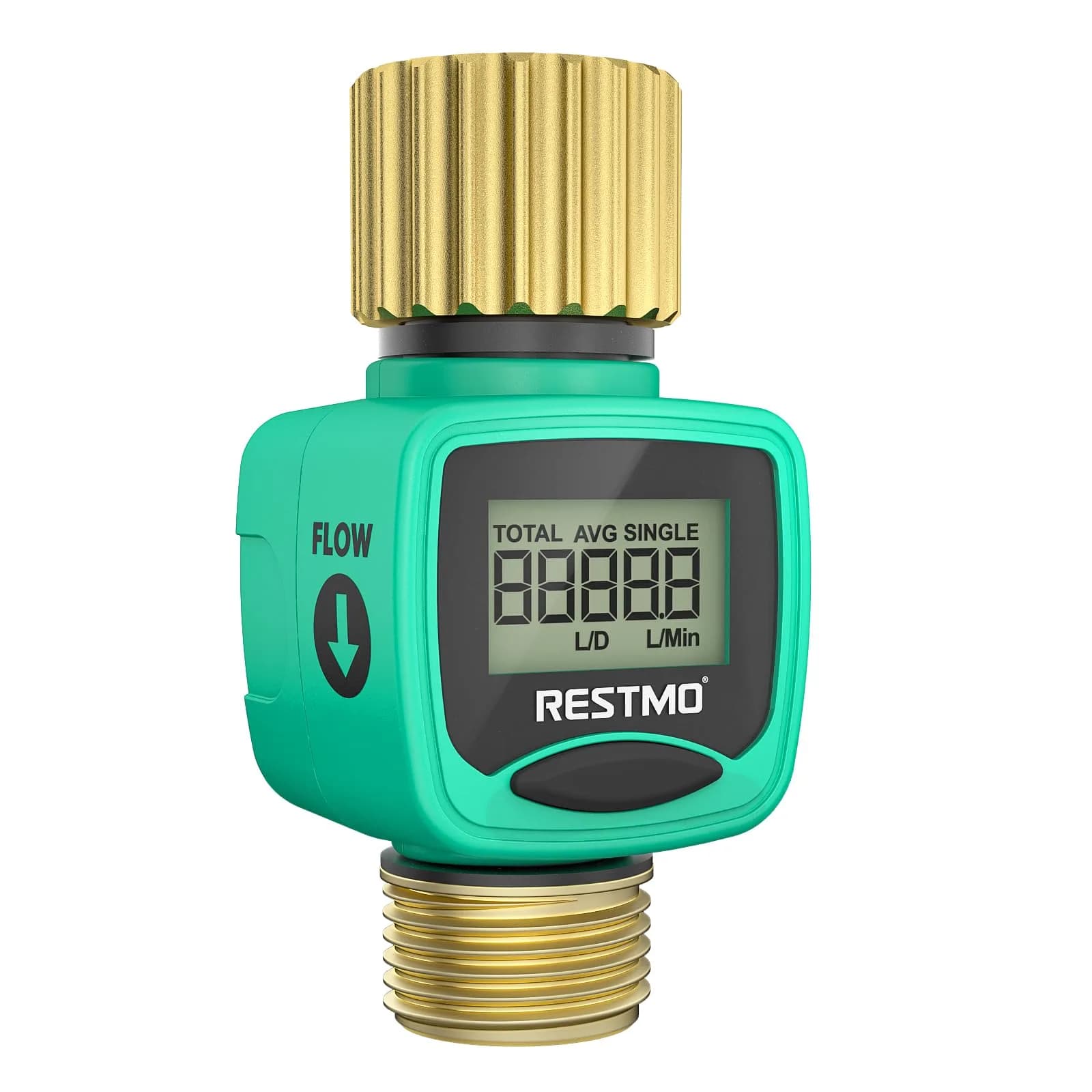 Restmo Water Flow Meter with Brass Inlet/Outlet, Measure Gallon/Liter Consumption & Flow Rate | 1-45.5 LPM (1-12 GPM) — Green