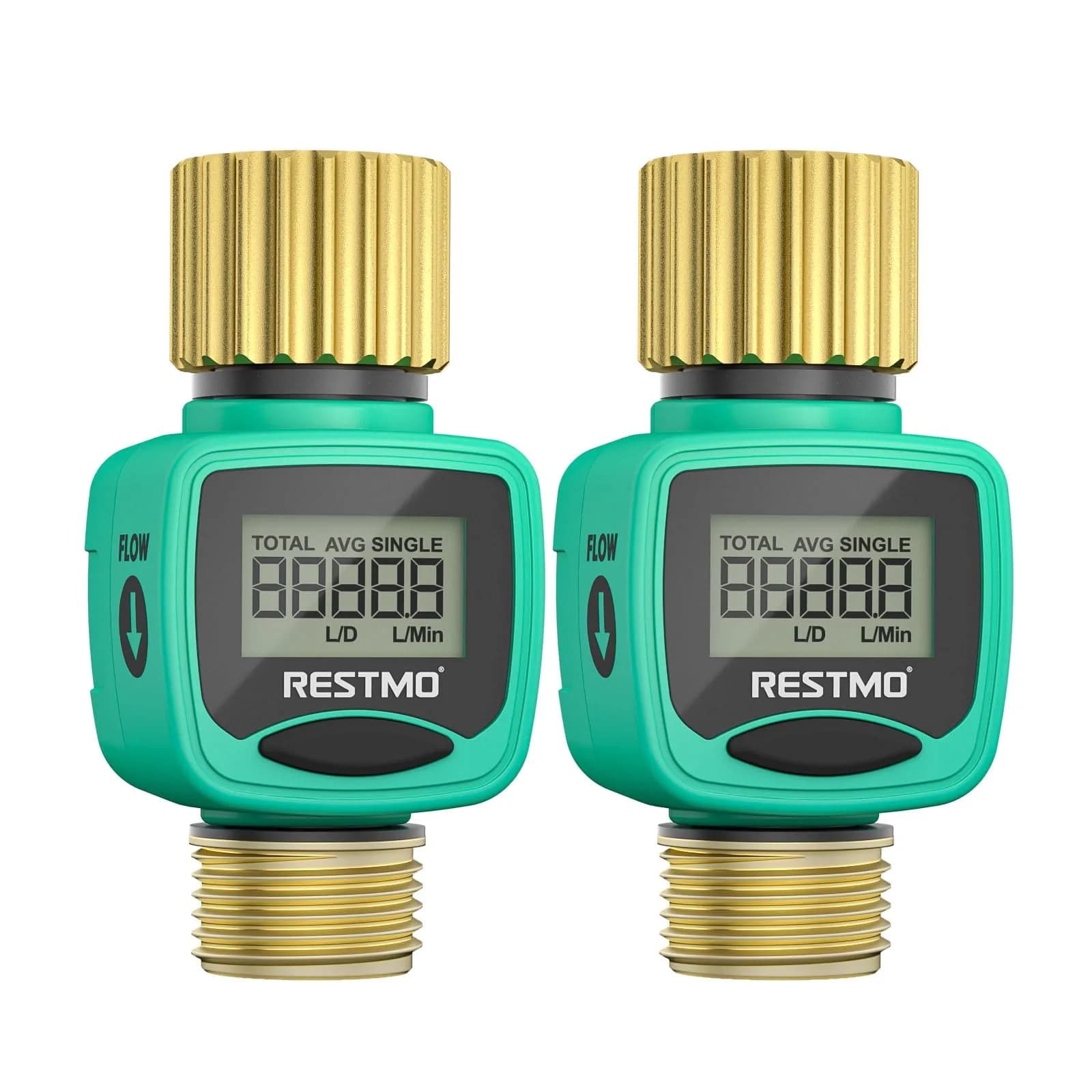 Restmo Heavy Duty Water Flow Meter with Brass Inlet & Outlet, 2 Pack | Measures Gallons/Liters & Flow Rate Accurately