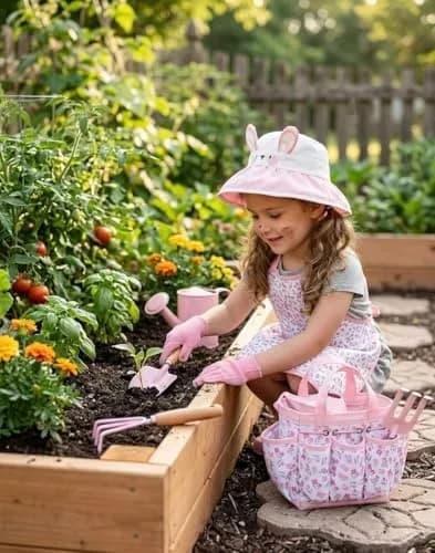 Seedypop Kids Gardening Tool Set with Hat, Apron & Gloves | 8-Piece Pink Flower Set thumbnail 4