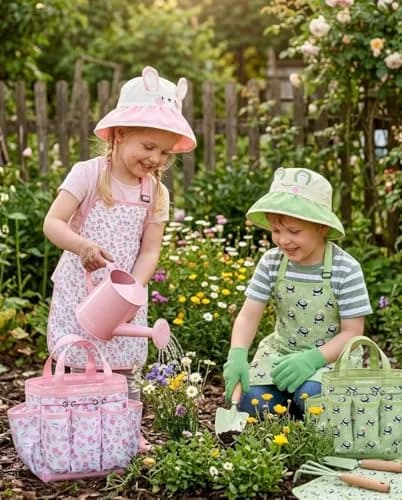 Seedypop Kids Gardening Tool Set with Hat, Apron & Gloves | 8-Piece Pink Flower Set thumbnail 5