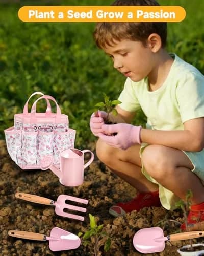 Seedypop Kids Gardening Tool Set with Hat, Apron & Gloves | 8-Piece Pink Flower Set thumbnail 6