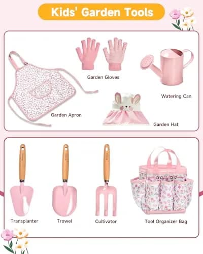 Seedypop Kids Gardening Tool Set with Hat, Apron & Gloves | 8-Piece Pink Flower Set thumbnail 2