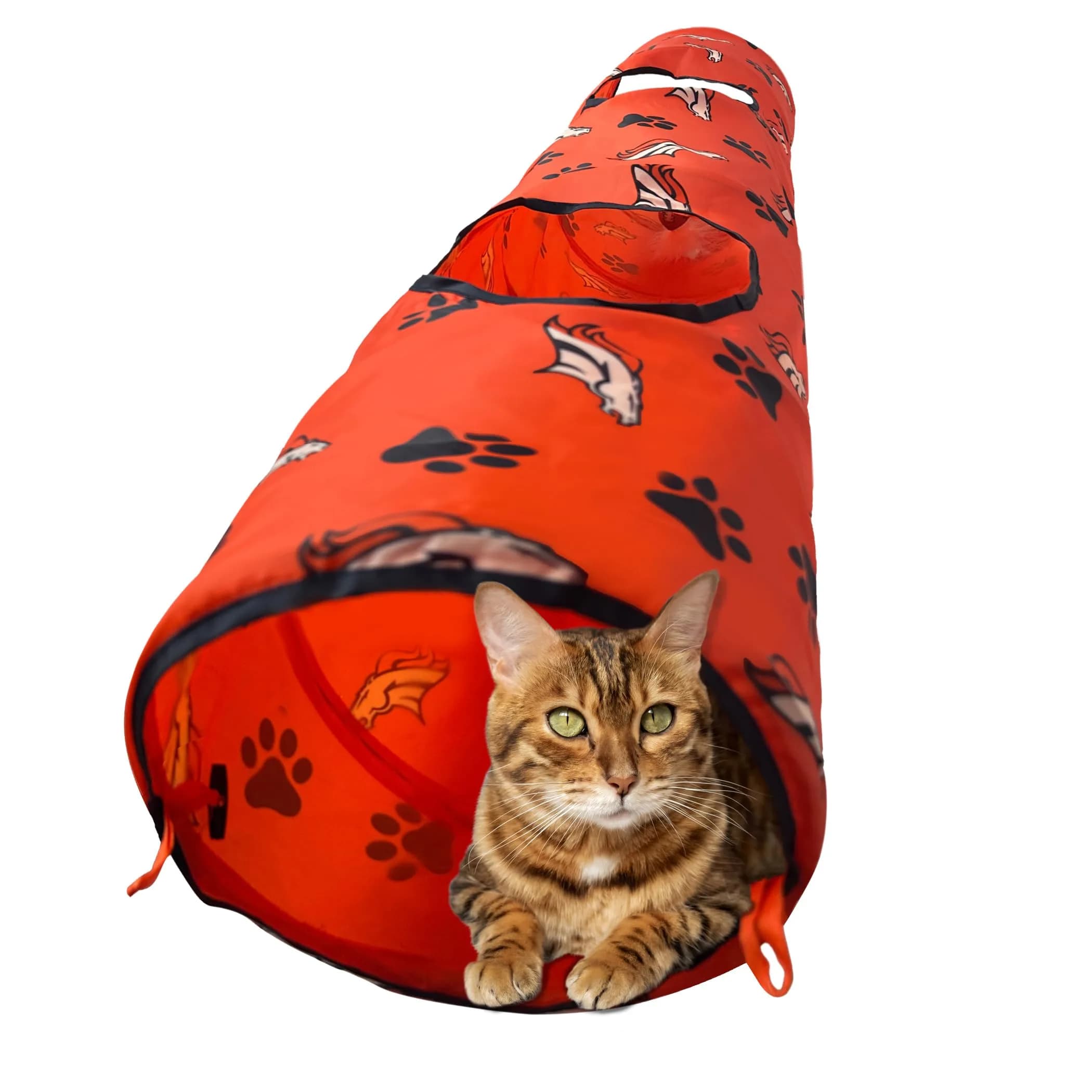 Pets First NFL Denver Broncos Cat Tunnel Tube Toy with Plush Football, Collapsible & Durable, All-Over Team Logo, for Cats to Play, Peek & Hide — Denver Broncos
