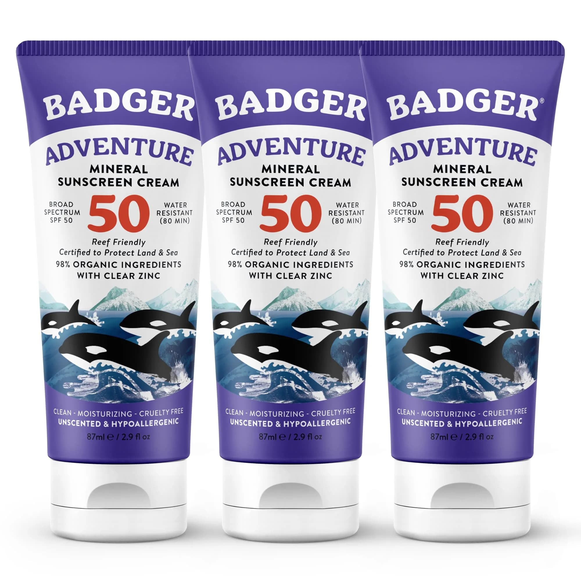 Badger Reef Safe Mineral Sunscreen SPF 50 85ml (2.9 Fl Oz) | Broad Spectrum UVA/UVB Protection — 2.9 Fl Oz / Tube