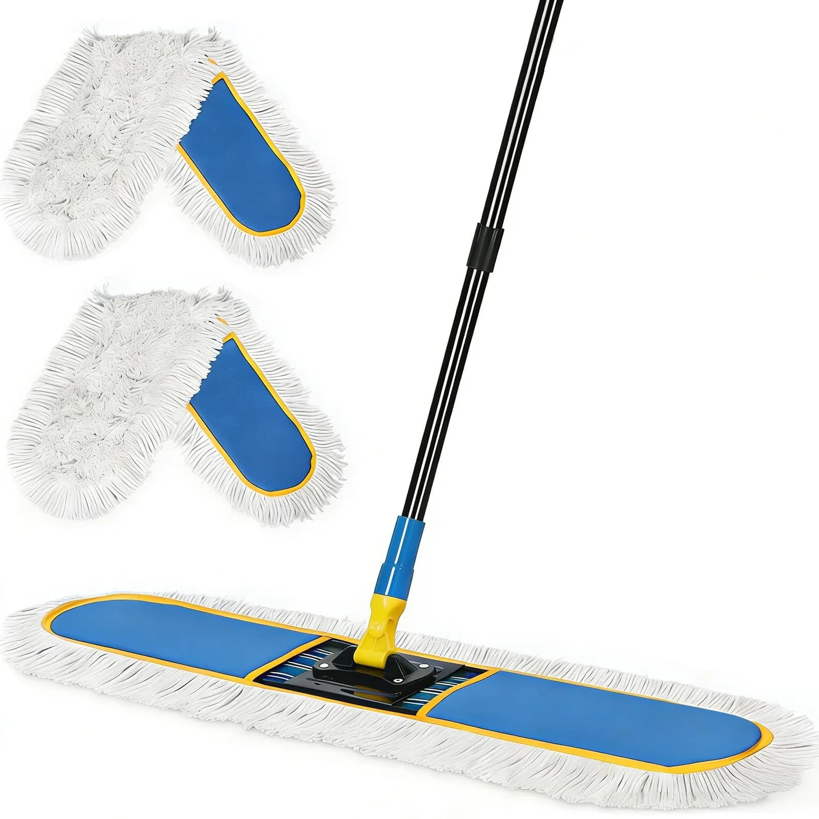 BUVE 36-inch Commercial Dust Mop with 2 Cotton Pads | Heavy Duty Industrial Floor Duster for Hardwood, Tile, Marble, Garage — Blue