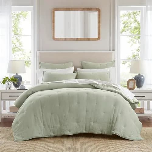 Harbor House Cotton Muslin Quilt Set Sage King | Lightweight All-Season Comfort with Embroidered Tacking thumbnail 1