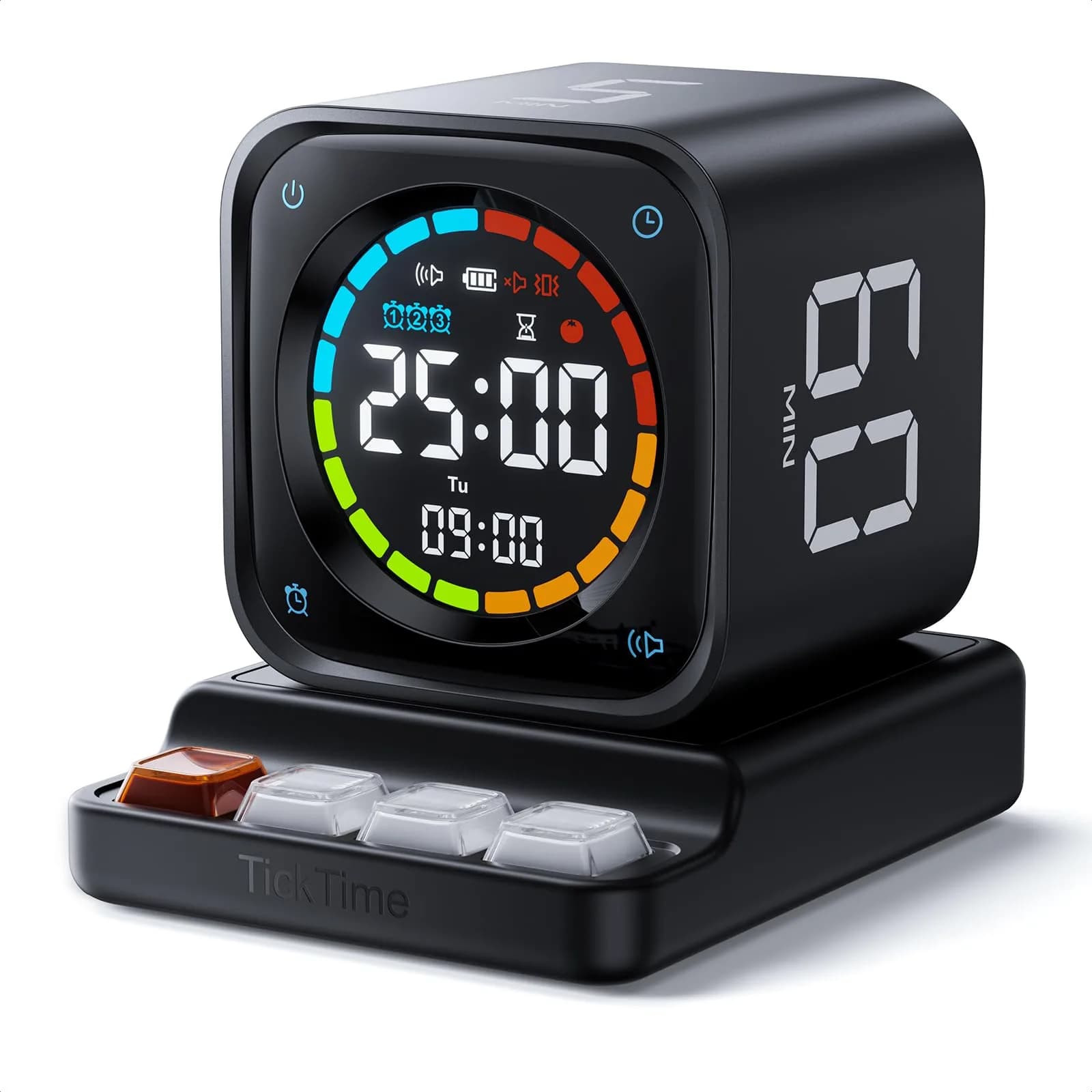 Ticktime Pomodoro Timer Cube 3 Alarm Silent Vibrate Clock 5/10/30/60 Min Obsidian Black — Obsidian Black