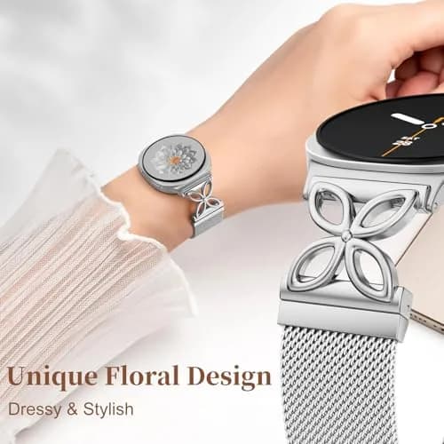 Getino Silver Magnetic Watch Band Compatible with Samsung Galaxy Watch 9 & 8 (40mm,44mm,46mm) | Floral Milanese Strap for Women thumbnail 3