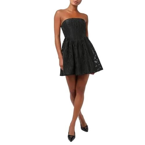 Lulus Ayla Jacquard Women's Cocktail Mini Dress, Black, Large | Flattering Festive Style with Supportive Boning thumbnail 1