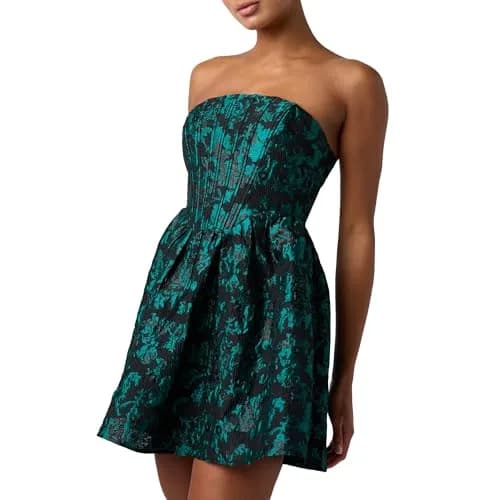 Lulus Ayla Jacquard Women's Cocktail Mini Dress, Emerald, Small | Elegant holiday party attire with supportive bustier design thumbnail 1