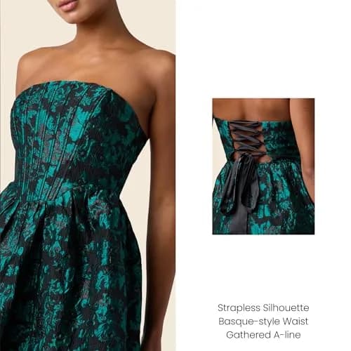 Lulus Ayla Jacquard Women's Cocktail Mini Dress, Emerald, Small | Elegant holiday party attire with supportive bustier design thumbnail 2