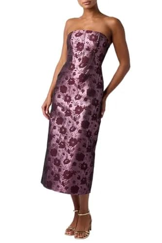 Lulus Emily Corset Floral Women's Midi Dress, Eggplant Floral | Elegant Strapless Fitted Midi for Formal & Party Wear thumbnail 1