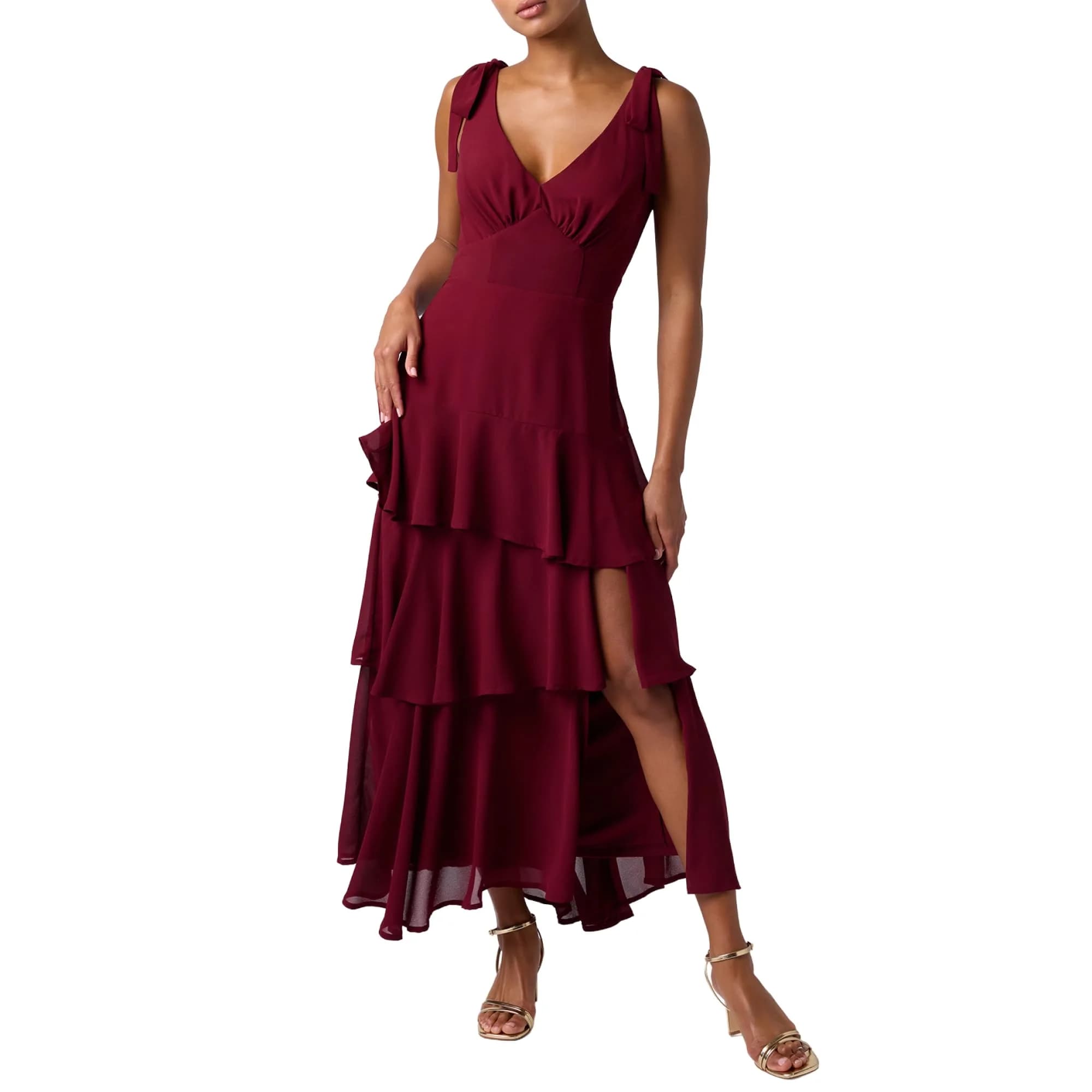 Lulus Arya Tiered Maxi Dress, Wine, Extra Large | Flattering V-Neck, Tiered Silhouette & Side Slit