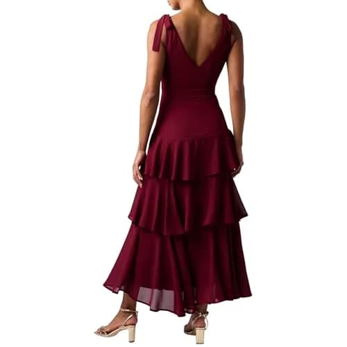 Lulus Arya Tiered Maxi Dress, Wine, Extra Large | Flattering V-Neck, Tiered Silhouette & Side Slit thumbnail 2