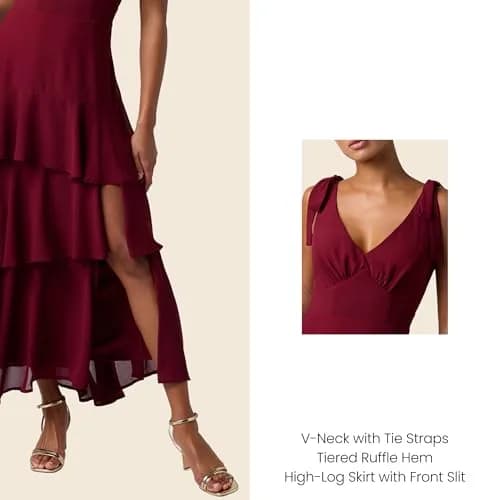 Lulus Arya Tiered Maxi Dress, Wine, Extra Large | Flattering V-Neck, Tiered Silhouette & Side Slit thumbnail 3