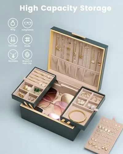 Lolalet 2-Layer Jewelry Organizer Box 24.2cm (9.53"W x 8.15"D x 4.45"H) | Foldable & Expandable Upper Storage thumbnail 4