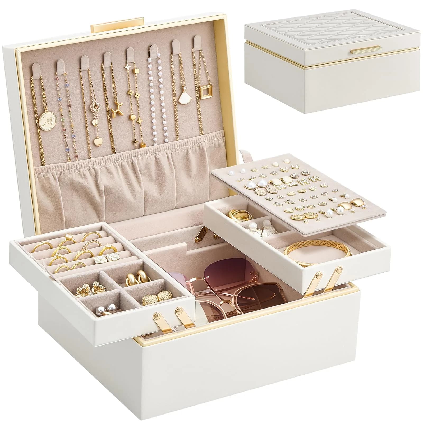 Lolalet 2-Layer Jewelry Organizer Box 24.2cm (9.53") | Foldable & Expandable Upper Storage — Cream
