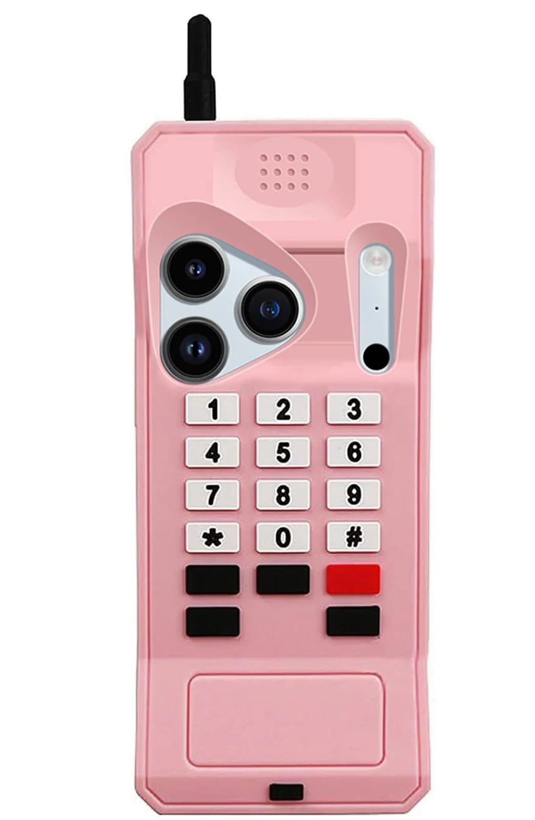 UnnFiko Retro Cellphone Pink Silicone Case for iPhone 17 Pro Max (6.9-inch) | Fun Stand Case with Full Body Protection — Retro Cellphone Pink