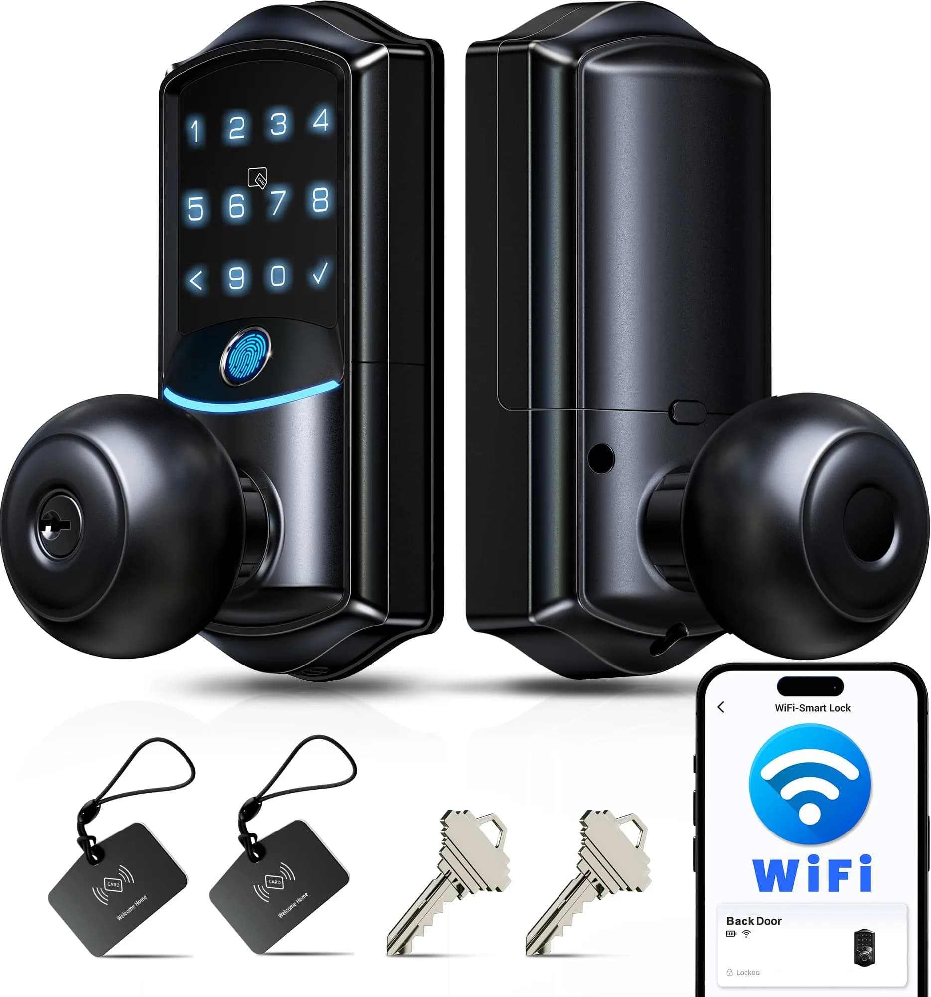 Veise VE028 WiFi Fingerprint Smart Door Lock with Knob Handle, Satin Nickel 2.82 lb (1.288 kg) | Remote App, Voice Control, Keyless Entry — Matte Black