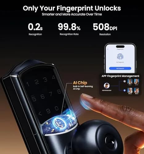 Veise VE028 WiFi Fingerprint Smart Door Lock with Knob Handle, Matte Black 1.3 kg (2.87 lb) | Smart Remote Access & Voice Control thumbnail 5