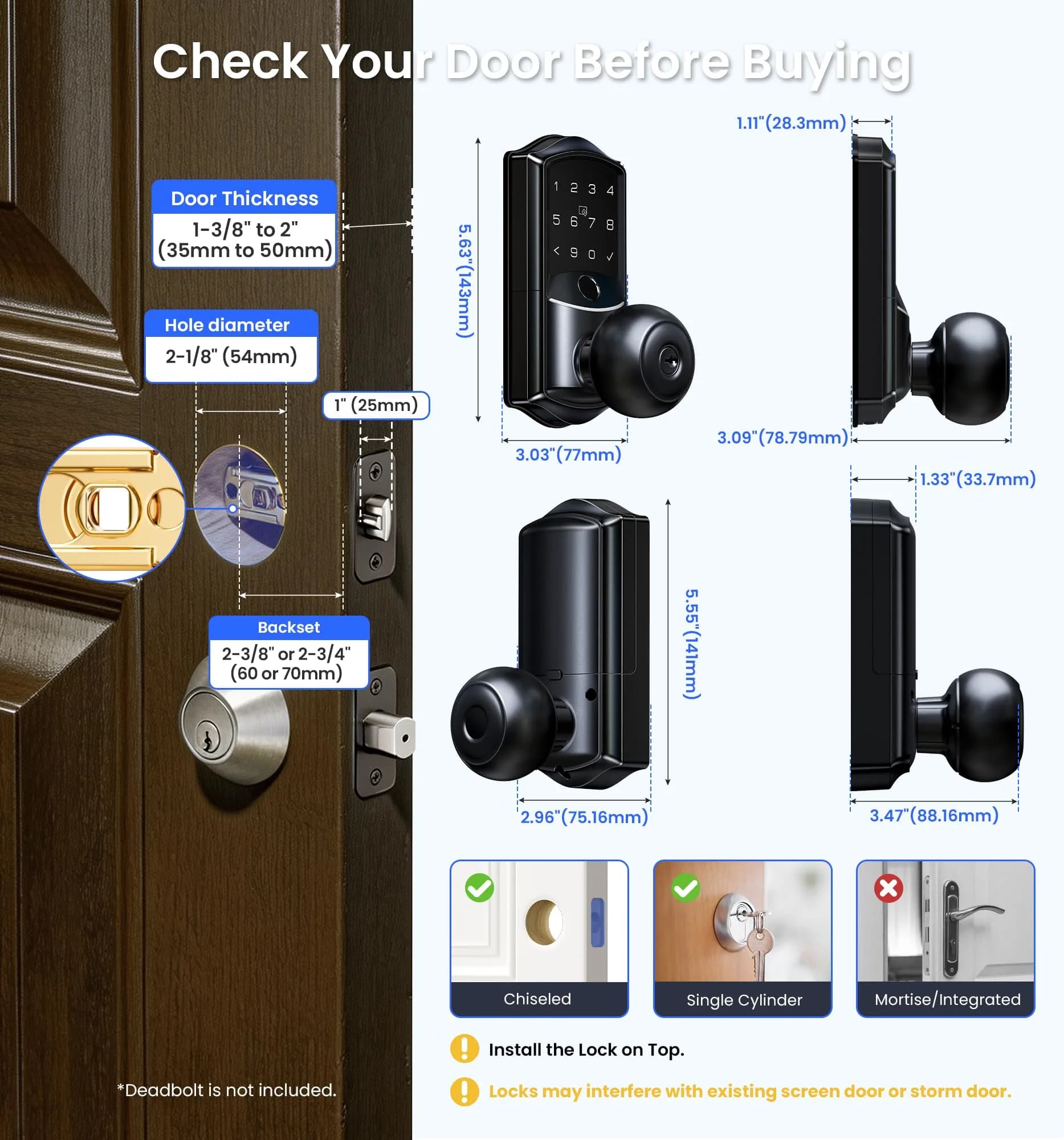 Veise VE028 WiFi Fingerprint Smart Door Lock with Knob Handle, Matte Black 1.3 kg (2.87 lb) | Smart Remote Access & Voice Control thumbnail 7