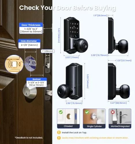 Veise VE028 WiFi Fingerprint Smart Door Lock with Knob Handle, Matte Black 1.3 kg (2.87 lb) | Smart Remote Access & Voice Control thumbnail 7