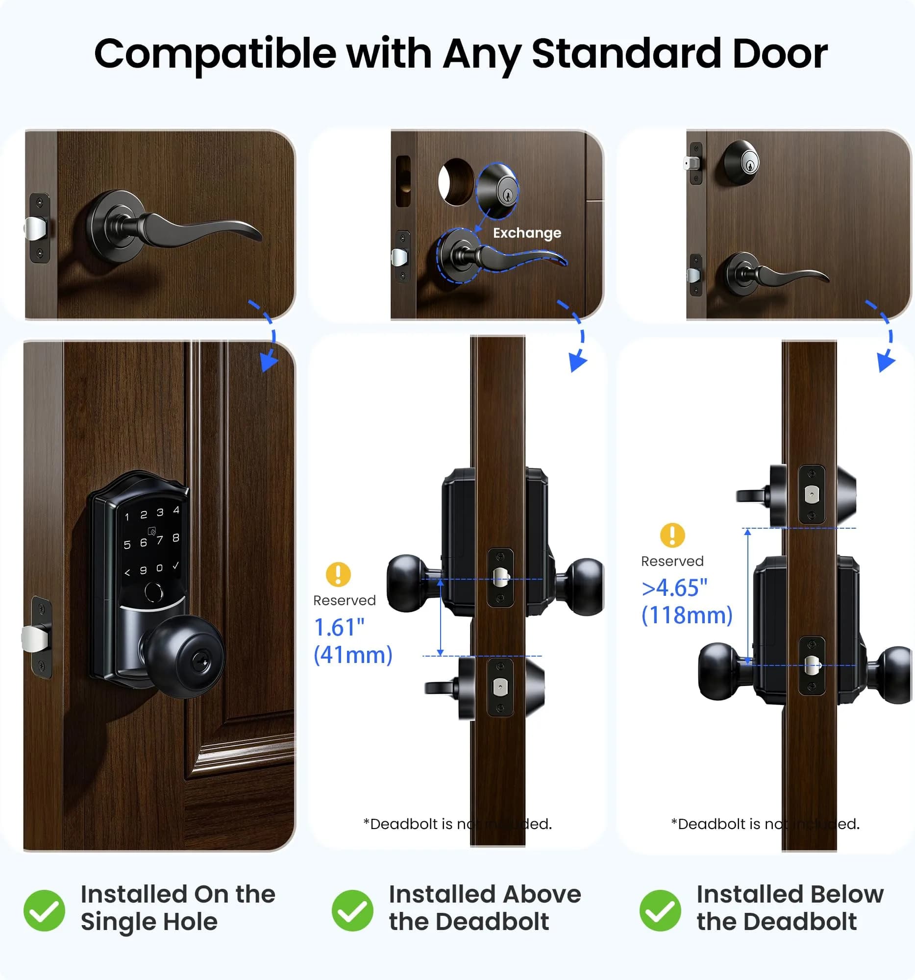 Veise VE028 WiFi Fingerprint Smart Door Lock with Knob Handle, Matte Black 1.3 kg (2.87 lb) | Smart Remote Access & Voice Control thumbnail 8