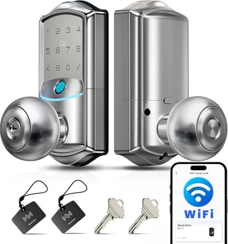Veise VE028 WiFi Fingerprint Smart Door Lock with Knob Handle, Satin Nickel 2.82 lb (1.288 kg) | Remote App, Voice Control, Keyless Entry thumbnail 1