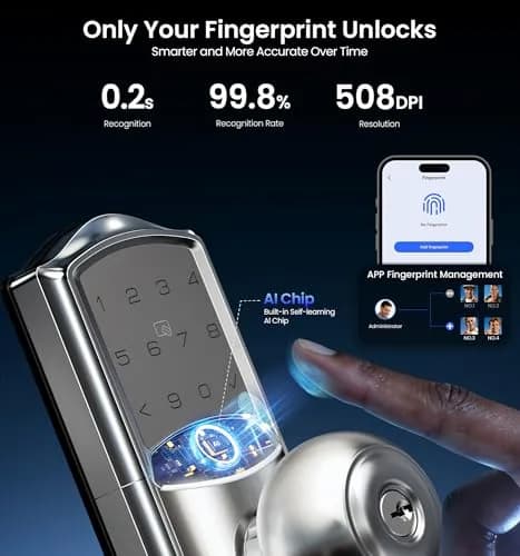 Veise VE028 WiFi Fingerprint Smart Door Lock with Knob Handle, Satin Nickel 2.82 lb (1.288 kg) | Remote App, Voice Control, Keyless Entry thumbnail 6