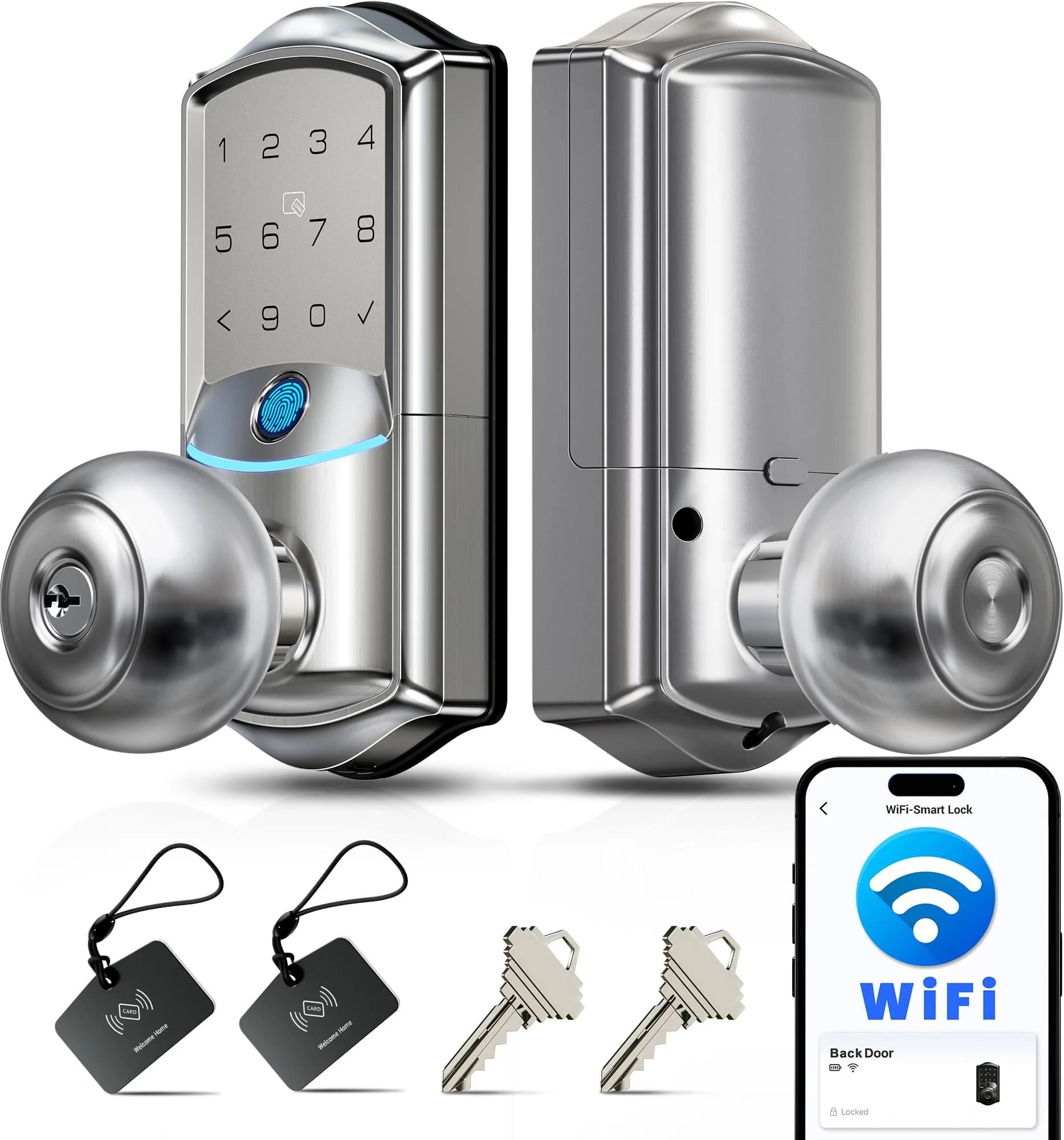 Veise VE028 WiFi Fingerprint Smart Door Lock with Knob Handle, Satin Nickel 2.82 lb (1.288 kg) | Remote App, Voice Control, Keyless Entry - main product image