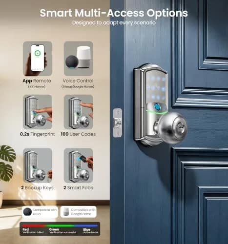 Veise VE028 WiFi Fingerprint Smart Door Lock with Knob Handle, Satin Nickel 2.82 lb (1.288 kg) | Remote App, Voice Control, Keyless Entry thumbnail 3
