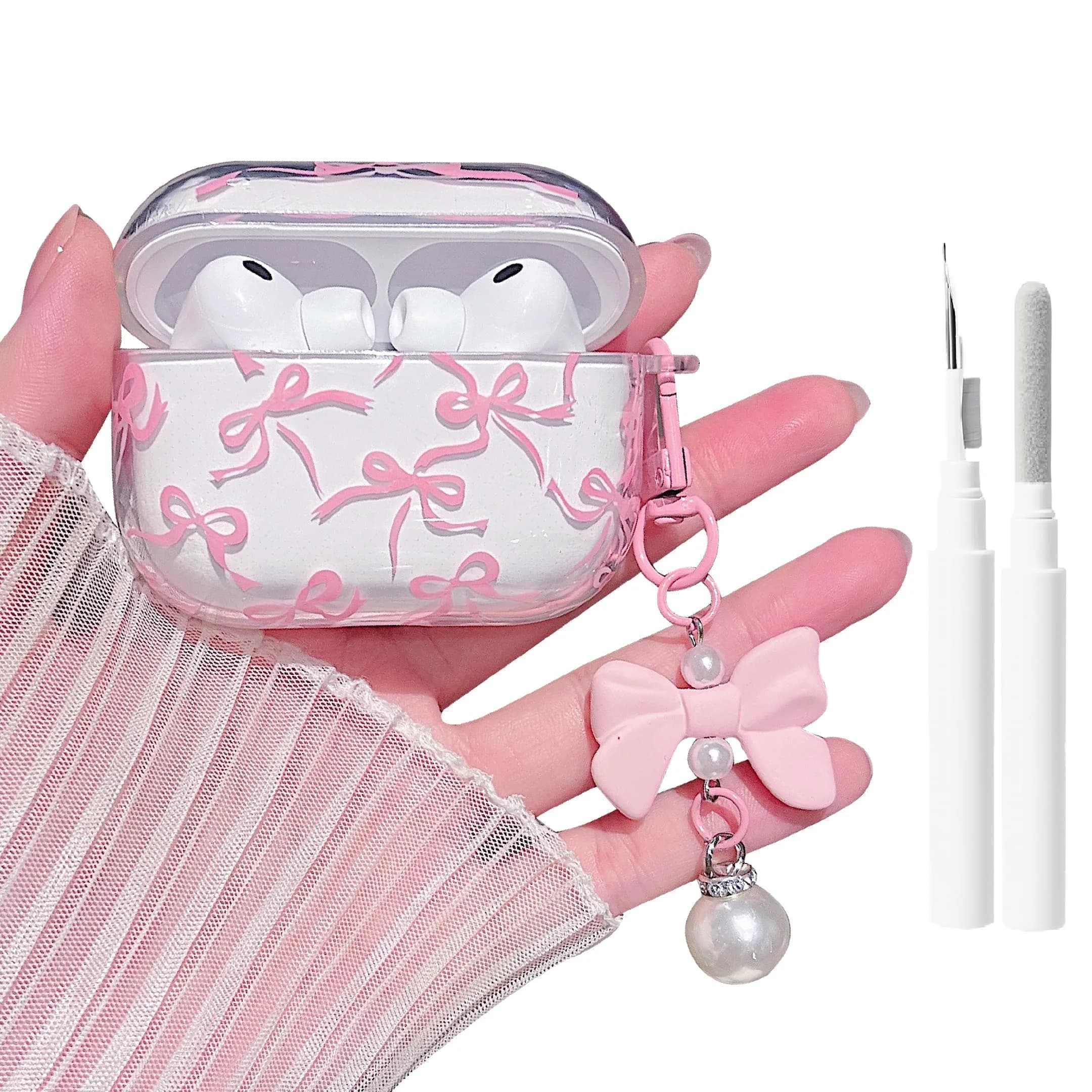 MINSCOSE Pink Ribbon Bow AirPods Pro 3 Case with Keychain & Cleaner Kit | Cute Girly Design — Pink