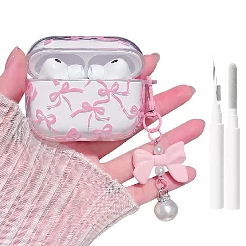 MINSCOSE Pink Ribbon Bow AirPods Pro 3 Case with Keychain & Cleaner Kit | Cute Girly Design thumbnail 1