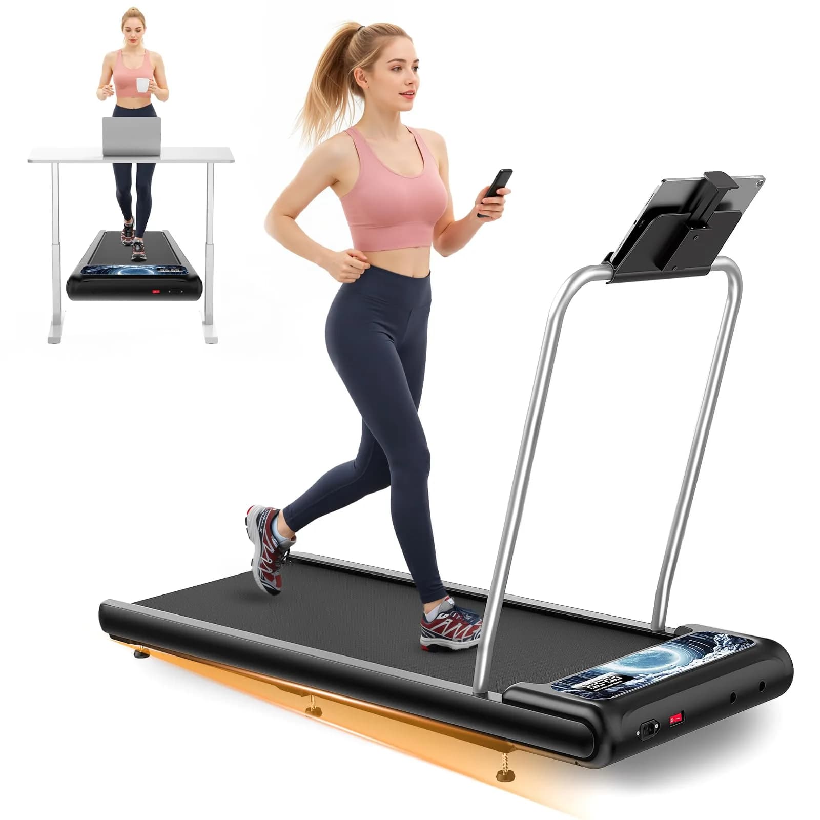 HOELLL Treadmill for Home Small | 0%-8% Incline & APP Sync, Compact Under Desk Walking Pad with Handle Bar, Remote & LED Display, 2.5HP, Blue — Blue