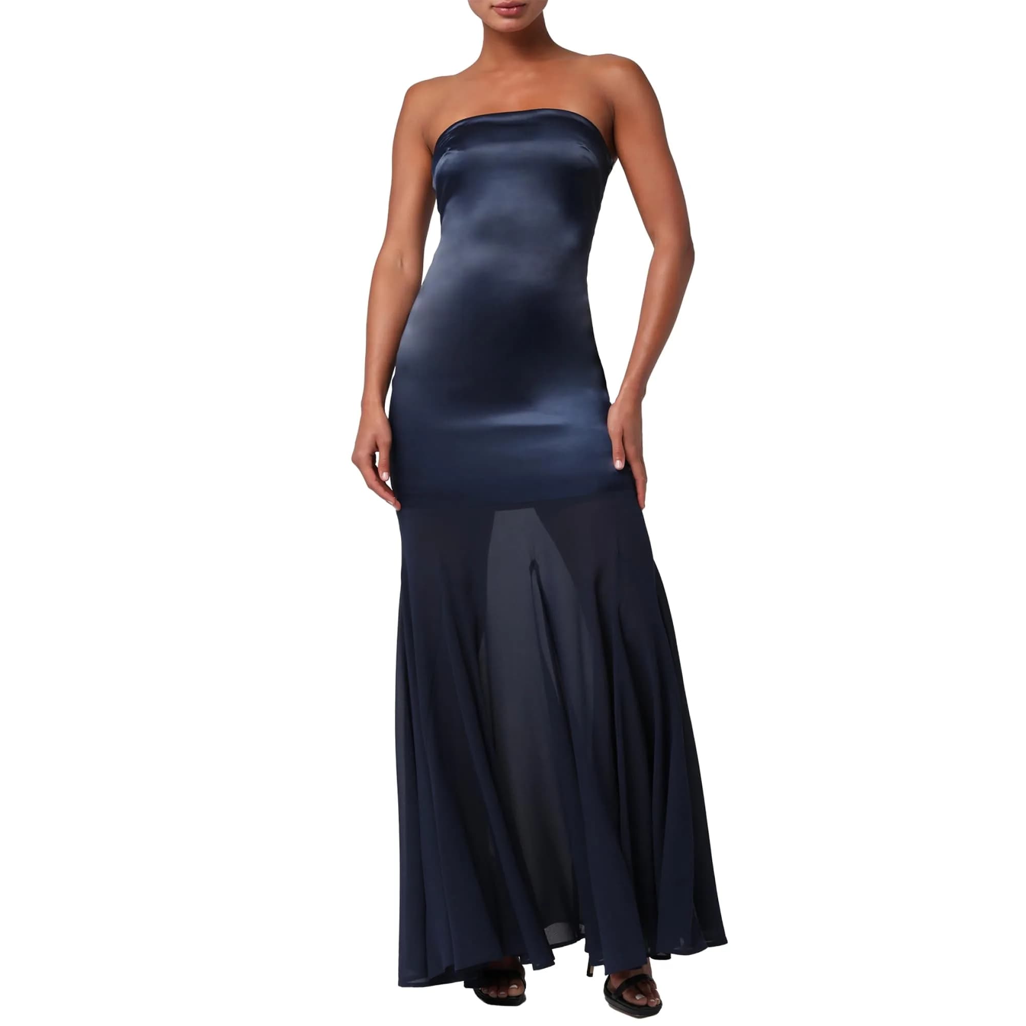 Lulus Hannah Satin Chiffon Women's Formal Maxi Dress, Navy, Extra Small | Elegant evening gown with luxurious fabric - main product image