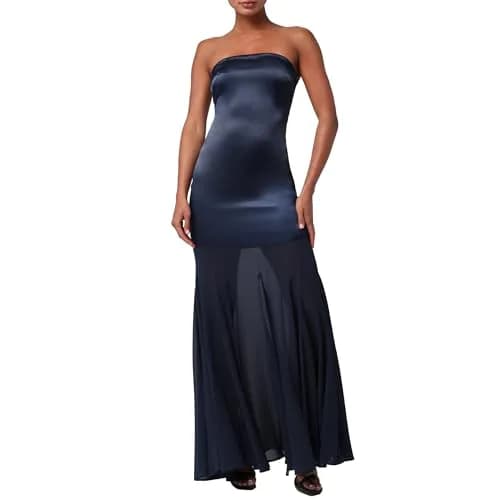 Lulus Hannah Satin Chiffon Women's Formal Maxi Dress, Navy, Extra Small | Elegant evening gown with luxurious fabric thumbnail 1