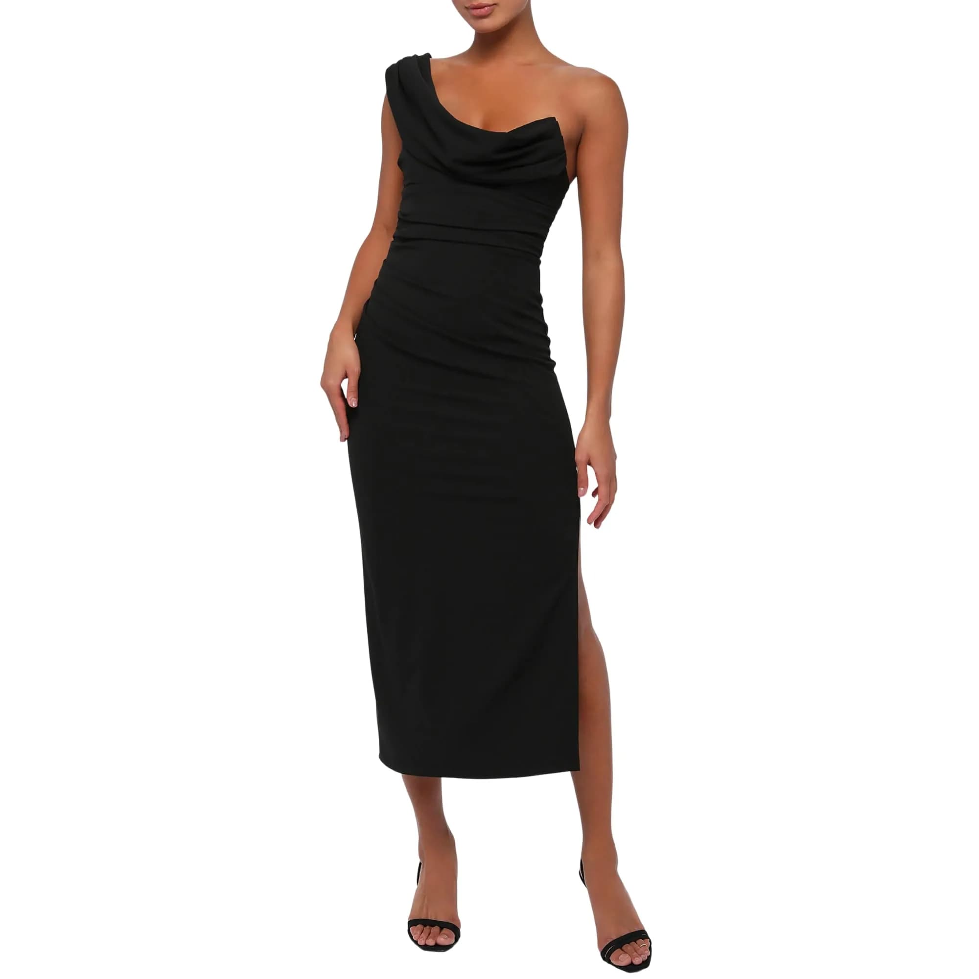 Lulus Scarlett Crepe Women's Cocktail Midi Dress, Black, Large | Elegant asymmetrical one-shoulder silhouette